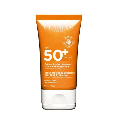 Clarins Créme Solaire Jeunesse Très Haute Protection Spf 50 Protector solar facial resistente al agua antiarrugas y antimanchas acabado mate 50 ml