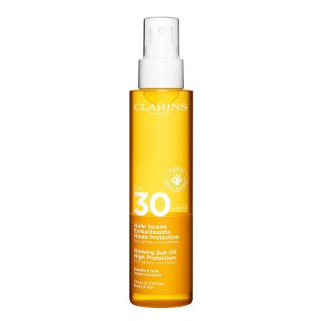 Clarins Huile Solaire Embellissante Haute Protection Spf30 Aceite solar facial hidratante de absorción rápida sin efecto graso y acabado satinado 150 ml