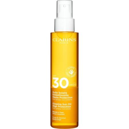 Clarins Huile Solaire Embellissante Haute Protection Spf30 Aceite solar facial hidratante de absorción rápida sin efecto graso y acabado satinado 150 ml