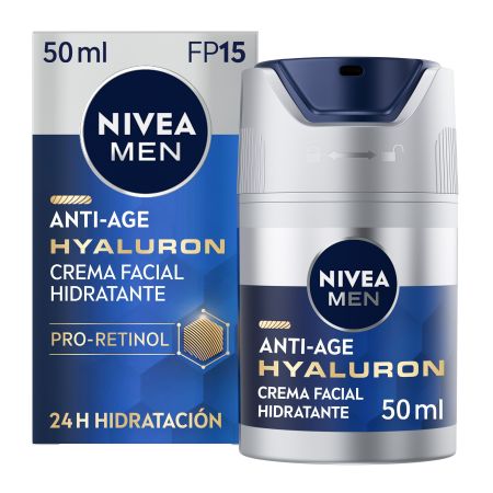 Nivea Men Hyaluron Anti-Age Crema Facial Hidratante Spf 15 Crema hidratante reduce arrugas y reafirma la piel con pro-retinol y ácido hialurónico 50 ml