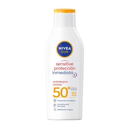 Nivea Sun Sensitive Protección Inmediata Spf 50+ Leche solar sin perfume resistente al agua reduce el riesgo de alergias 200 ml