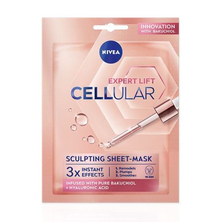 Nivea Cellular Expert Lift Sculpting Sheet-Mask Mascarilla facial biodegradable rellena las arrugas y redefine el contorno facial con bakuchiol