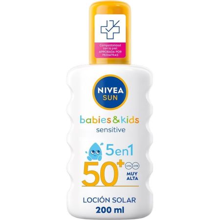 Nivea Sun Babies Kids Sensitive 5 En 1 Loción Solar Spf 50+ Protector solar infantil reduce el riesgo de alergias solares extraresistente al agua 200 ml