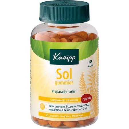 Kneipp Sol Gummies Complemento Alimenticio Complemento alimenticio vegano prepara la piel frente a la exposición solar con sabor melocotón 60 uds