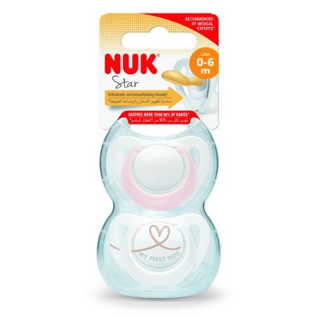 Nuk Chupete Star 0-6m Látex Chupete con tetina extrasuave reduce la presión en los dientes y la mandíbula 2 uds