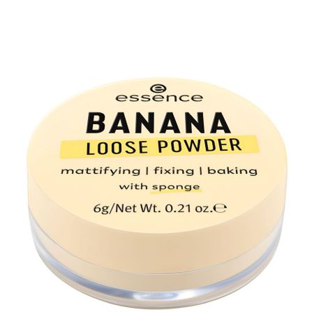 Essence Banana Loose Powder Polvos sueltos traslúcidos con esponja para destacar zonas en mate y fijar el maquillaje