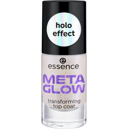 Essence Meta Glow Transforming Top Coat Tratamiento superior de brillo semitransparente plateado y azul duocromático