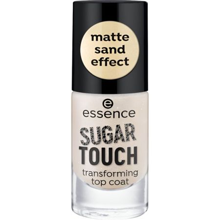 Essence Sugar Touch Transforming Top Coat Tratamiento superior de acabado arena dorada mate semitransparente