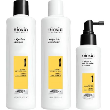 Nioxin System 1 Set Tratamiento fortalecedor y voluminizador elimina acumulación de sebo para cabello natural con debilitamiento leve