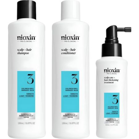 Nioxin System 3 Set Tratamiento fortalecedor y voluminizador elimina acumulación de sebo para cabello teñido y dañado con debilitamiento leve