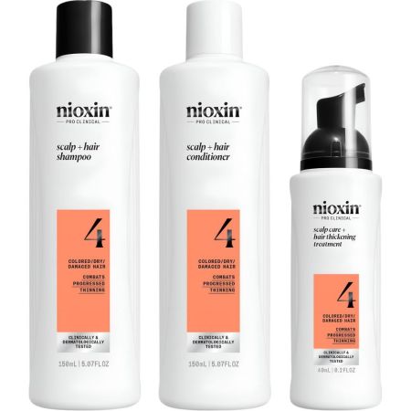 Nioxin System 4 Set Tratamiento fortalecedor y voluminizador elimina acumulación de sebo para cabello teñido y dañado con debilitamiento leve