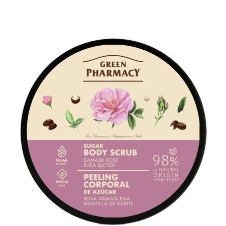 Green Pharmacy Rosa Damascena Manteca De Karité Peeling Corporal De Azúcar Exfoliante corporal vegano elimina células muertas y exceso de sebo efecto rejuvenecedor 200 ml