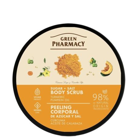 Green Pharmacy Cúrcuma Aceite Calabaza Peeling Corporal De Azúcar Exfoliante corporal vegano elimina células muertas y exceso de sebo ofreciendo efecto calmante 200 ml