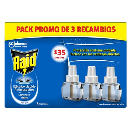 Raid Insecticida Eléctrico Líquido Antimosquitos Recambio Pack Insecticida líquido eléctrico para mosquitos común y tigre sin olor 135 noches 3 uds