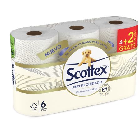 Scottex Dermo Cuidado Papel higienico 3 capas 4+2=6 rollos (180serv x rollo)