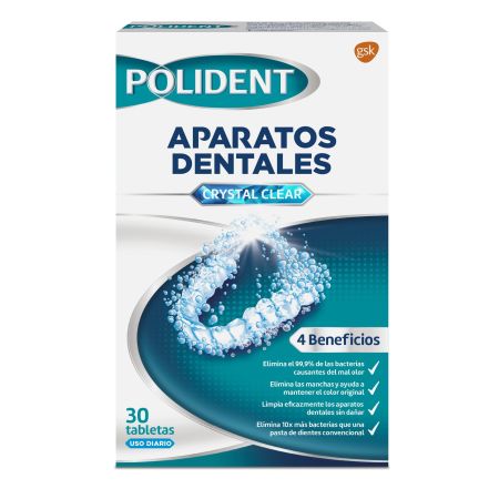 Polident Tabletas Limpiadoras Crystal Clear Aparatos Dentales Pastillas limpiadoras antimanchas de aparatos dentales y ortodoncias 30 uds