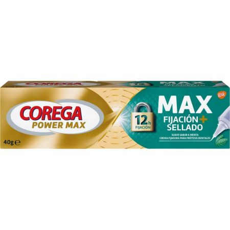 Corega Power Max Max Fijación + Sellado Crema Fijadora Crema fijadora para prótesis dentales sabor menta ofrece máxima fijación 40 gr