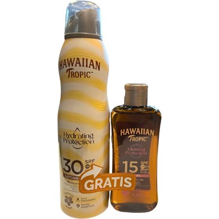 Hawaiian Tropic Hydrating Protection Spf 30+Protective Oil Spf 15 Gratis Pack regalo de protección solar para un bronceado uniforme