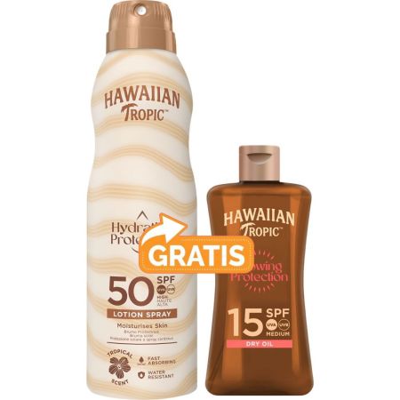 Hawaiian Tropic Hydrating Protect Spray Spf-50 + Mini Aceite Spf-15 Pack Pack regalo de protección solar para un bronceado uniforme