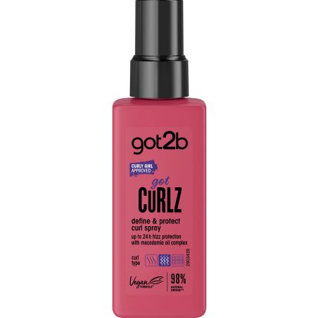 Got2b Got Curlz Define & Protect Curl Spray Fijador y definidor de rizos vegano 24 horas antiencrespamiento con aceite de macadamia 150 ml