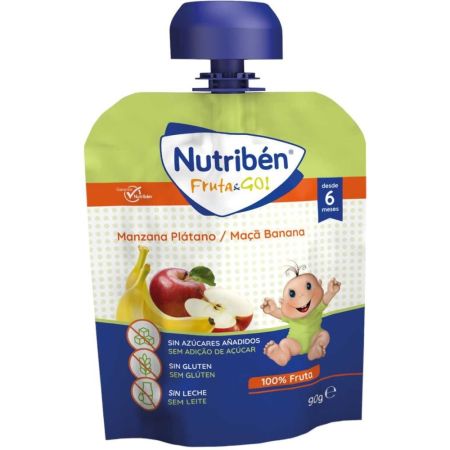 Nutriben Fruta & Go Bolsita Mazana Y Plátano Bolsita con tapón de seguridad sin glutén azúcares añadidos y leche a partir de 6 meses 90 gr