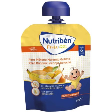 Nutriben Fruta & Go Bolsita Pera Plátano Naranja Y Galleta Bolsita con tapón de seguridad sin azúcares añadidos con glutén y sin leche a partir de 6 meses 90 gr