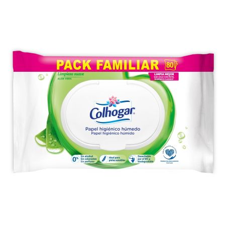 Colhogar Papel Higiénico Húmeco Pack Familiar Toallitas wc biodegradables para una limpieza suave y fresca con aloe vera 80 uds