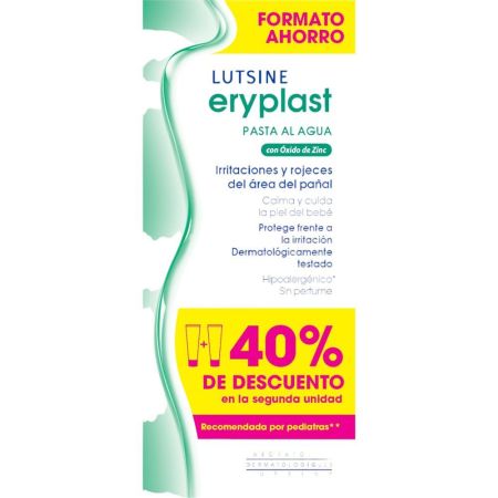 Eryplast Lutsine Pasta Al Agua Duplo Formato Ahorro Pasta previene y trata la dermatitis del pañal ofrece alivio de escoceduras e irritaciones 2x75 gr