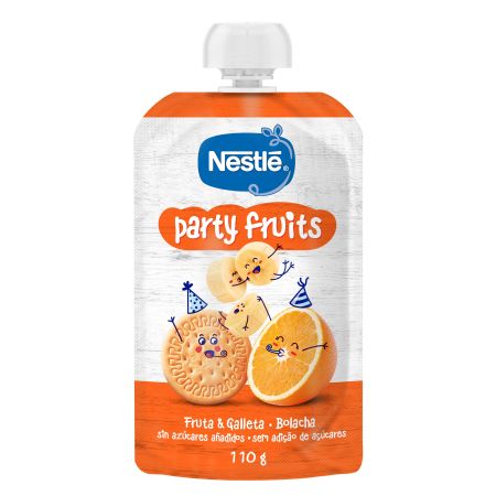 Nestle Bolsita Party Fruits Fruta & Galleta Bolsita sin gluten con una combinación de frutas y galleta a partir de 12 meses 110 gr