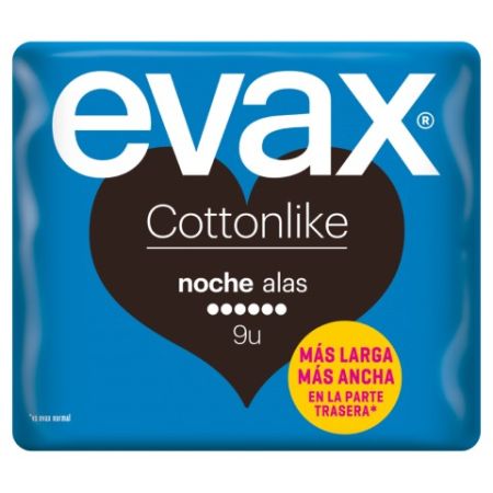 Evax Compresas Cottonlike Noche Alas Compresas de noche con alas y parte trasera más larga y ancha ofrecen mayor suavidad y larga duración