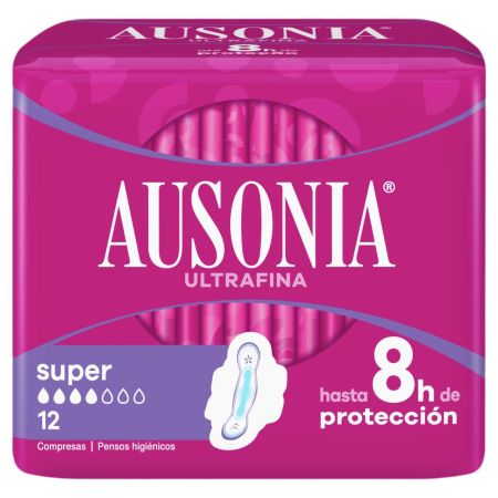 Ausonia Ultrafina Super Compresas Compresas con alas hasta 8 horas de protección capturan y neutralizan el olor 12 uds