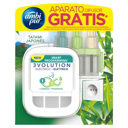 Ambipur Ambientador 3volution Tatami Japonés Recambio+Aparato Gratis Ambientador eléctrico para hogar combate los malos olores hasta 90 dìas 21 ml