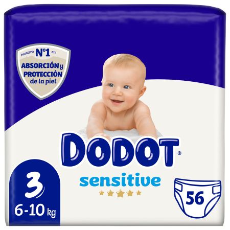 Dodot Pañales Sensitive 6-10 Kg Talla 3 Pañal absorbe y bloquea al instante ofreciendo máxima protección y absorción 56 uds