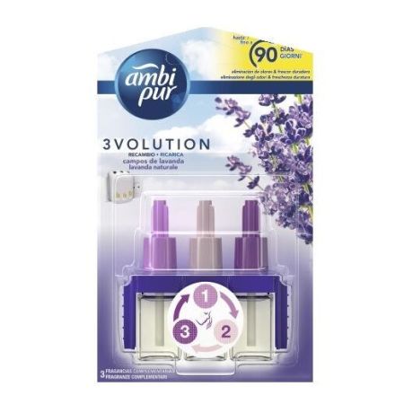 Ambipur Ambientador 3volution Campos De Lavanda Recambio Ambientador eléctrico para hogar combate los olores y refresca 21 ml