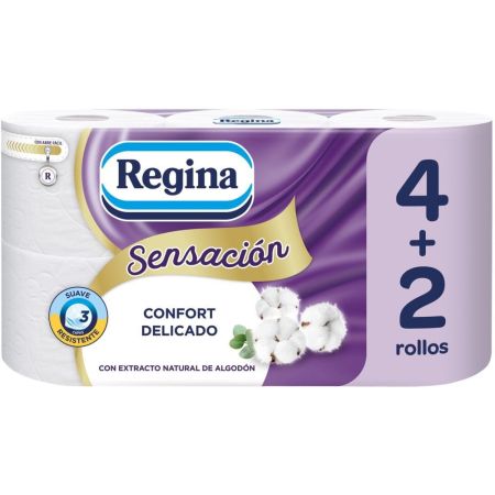 Regina Sensación Confort Delicado Formato Especial Papel higiénico perfumado de3 capas ofrece suavidad resistencia y espesor supeior 6 uds