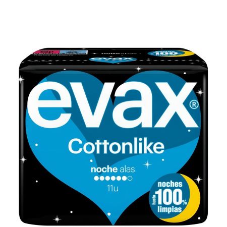 Evax Compresas Cottonlike Noche Alas Compresas de noche con alas y parte trasera más larga y ancha ofrecen mayor suavidad y larga duración