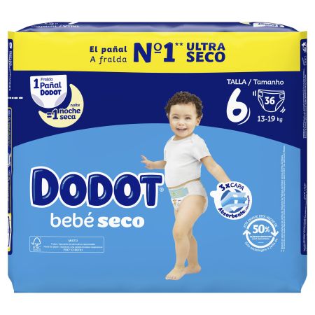 Dodot Pañales Bebé-Seco 13-19 Kg Talla 6 Pañal suave antifugas y ajuste cómodo hasta 12 horas de protección 36 uds