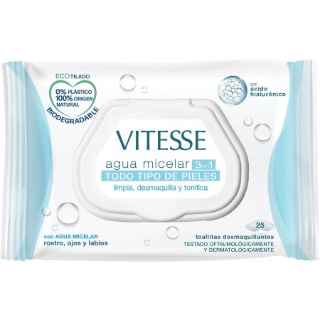 Vitesse Agua Micelar 3 En 1 Toallitas Desmaquillantes Toallitas desmaquillantes biodegradables limpian y tonifican para rostro ojos y labios 25 uds