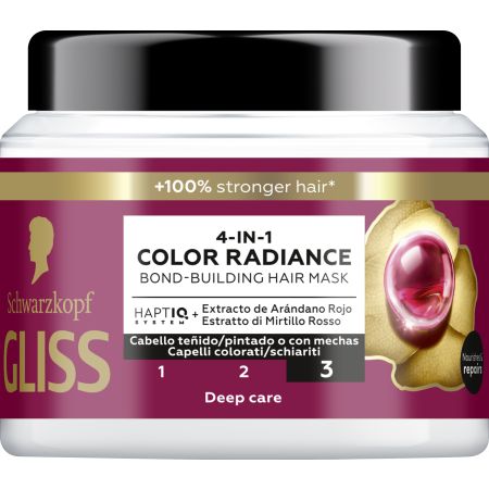 Gliss 4-In-1 Color Radiance Bond-Building Hair Mask Mascarilla reparadora protege el color hasta 13 semanas para cabello teñido o con mechas 400 ml