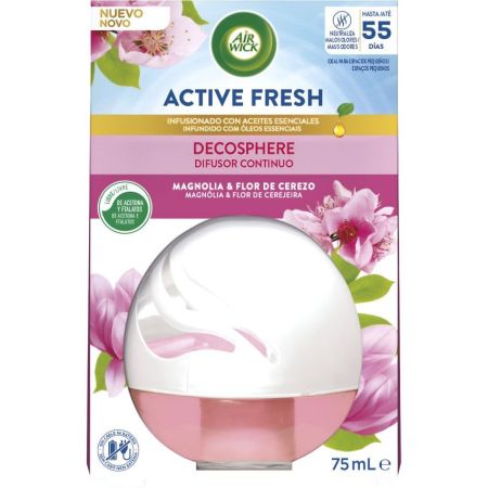 Air Wick Active Fresh Magnolia & Flor De Cerezo Difusor Continuo Ambientador eléctrico para hogar y coche con aceites esenciales frescor y fragancia 14 horas 75 ml