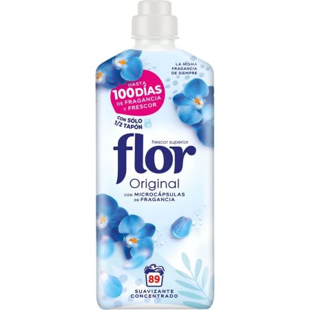 Flor Original Suavizante Concentrado Suavizante concentrado ofrece sensación de frescor y suavidad hasta 100 días 89 lavados 1600 ml