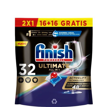 Finish Lavavajillas Powerball Ultimate All In 1 Formato Especial Lavavajillas a máquina en cápsulas poder desengrasante elimina manchas resecas para mejor limpieza brillo y disolución 32 uds