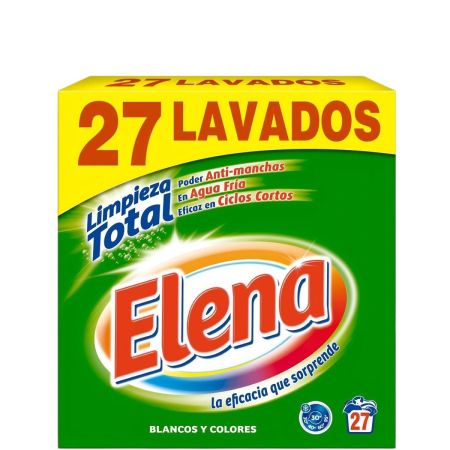 Elena Detergente Limpieza Total Blancos Y Colores Detergente en polvo proporciona limpieza total eficaz en agua fría y ciclos cortos 27 lavados 1350 gr