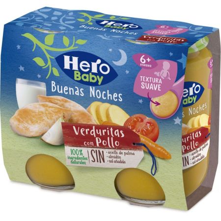 Hero Baby Buenas Noches Tarritos Verduritas Con Pollo Tarritos sin gluten facilitan la digestión y aseguran un buen sueñoa partir de 6 meses 2x190 gr