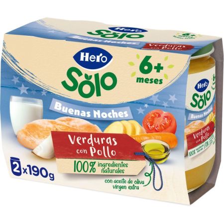 Hero Solo Buenas Noches Tarritos Verduritas Con Pollo Tarritos naturales sin glutende textura suave facilitan la digestión y aseguran buen sueñoa partir de 6 meses 2x190 gr