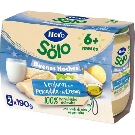 Hero Solo Buenas Noches Tarritos Verduritas Pescadilla A La Crema Tarritos naturales sin gluten de textura suave facilitan la digestión y aseguran buen sueño a partir de 6 meses 2x190 gr