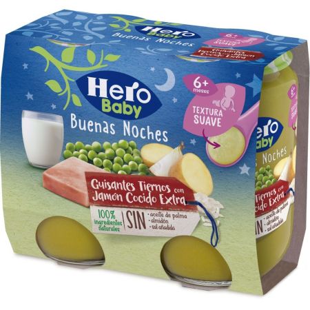 Hero Baby Buenas Noches Tarritos Guisantes Con Jamón Cocido Extra Tarrito sin gluten facilita la digestión y asegura un buen sueño a partir de 6 meses 2x190 gr