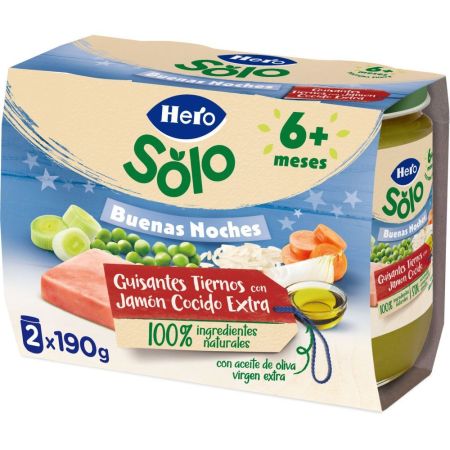 Hero Solo Buenas Noches Tarritos Guisantes Con Jamón Cocido Extra Tarritos naturales sin gluten de textura suave facilita la digestión y asegura buen sueño a partir de 6 meses 2x190 gr