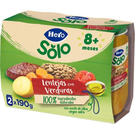 Hero Solo Tarritos Lentejas Con Verduritas Tarritos naturales sin gluten de textura suave elaborados con los mejores ingredientes a partir de 8 meses 2x190 gr