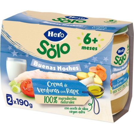 Hero Solo Buenas Noches Tarritos Crema De Verduras Con Rape Tarritos naturales sin gluten de textura suave facilitan la digestión y aseguran buen sueño a partir de 6 meses 2x190 gr